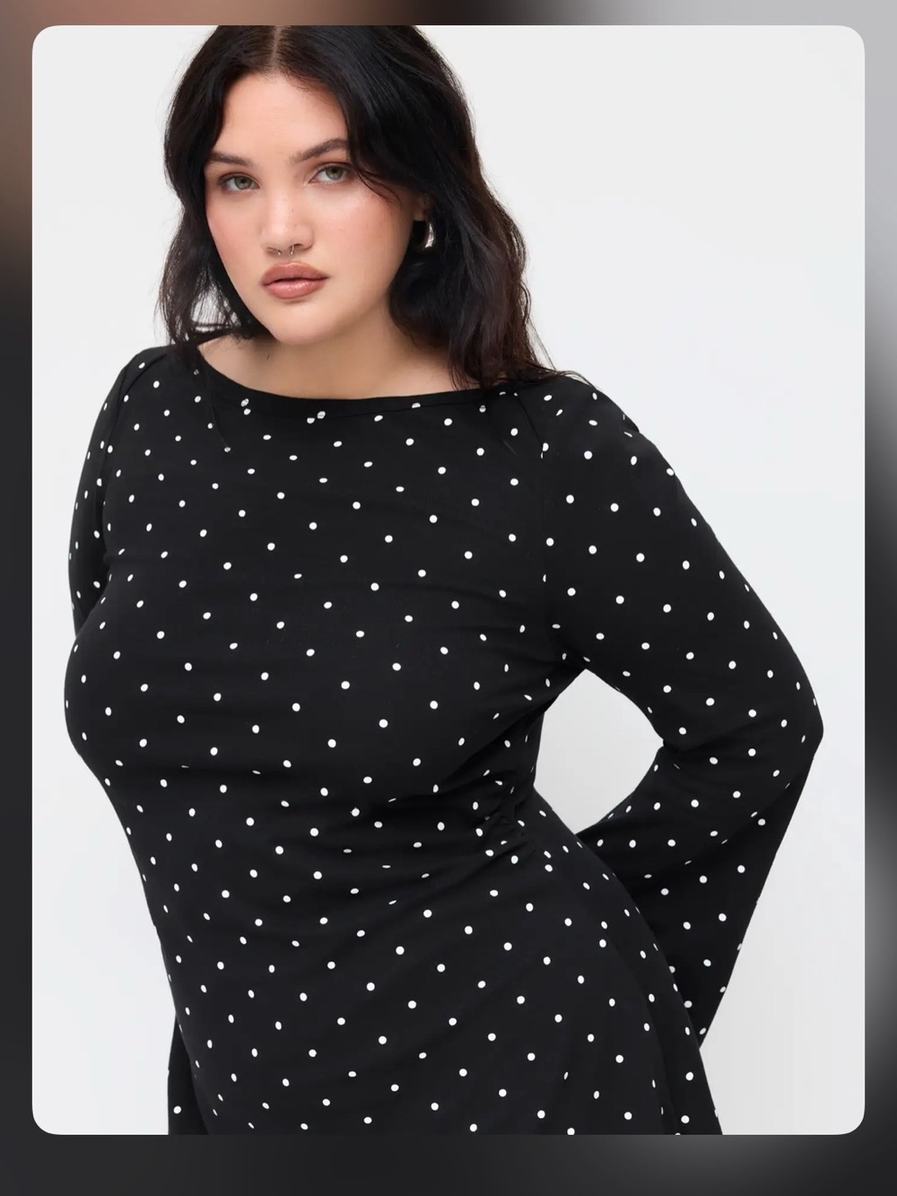 COTTON-BLEND BOAT NECK POLKA DOT RUCHED BELL SLEEVE MINI DRESS CURVE & PLUS 1XL - Picture 3 of 7